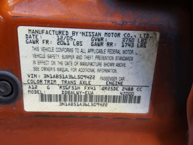 3N1AB51A36L509422 - 2006 NISSAN SENTRA SE- ORANGE photo 10