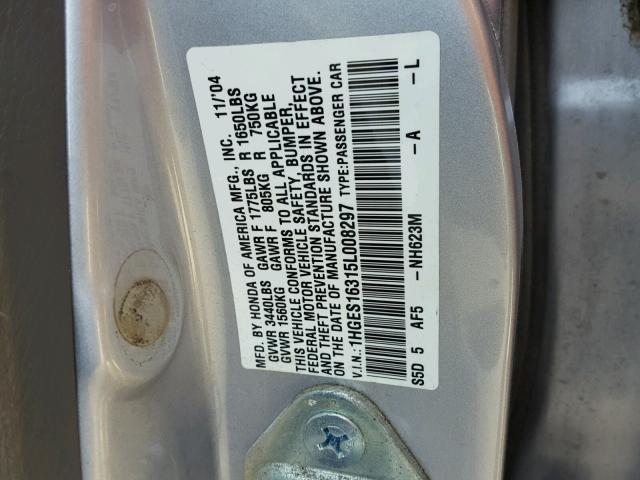 1HGES16315L008297 - 2005 HONDA CIVIC DX V SILVER photo 10