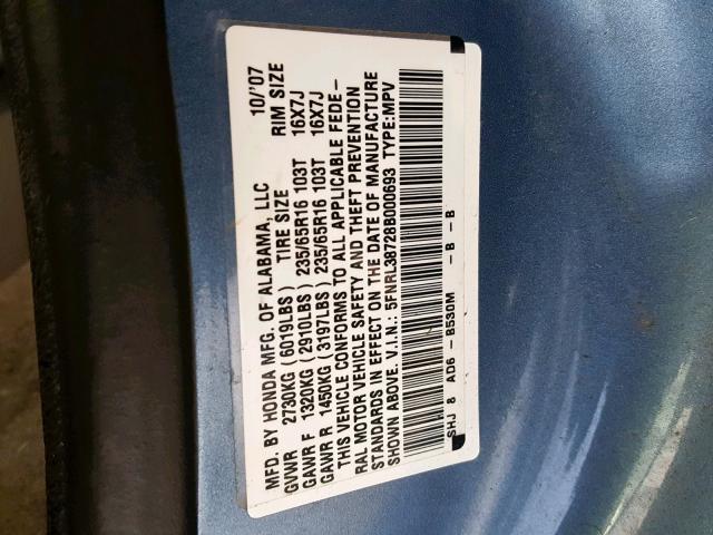 5FNRL38728B000693 - 2008 HONDA ODYSSEY EX BLUE photo 10