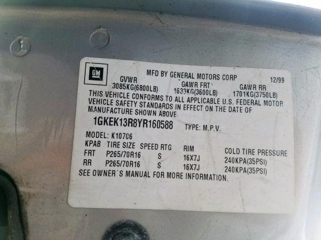 1GKEK13R8YR160588 - 2000 GMC YUKON DENA SILVER photo 10