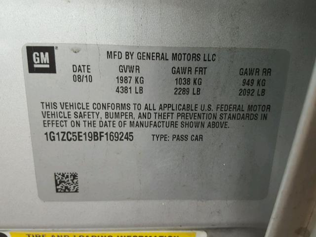 1G1ZC5E19BF169245 - 2011 CHEVROLET MALIBU 1LT 银色 照片 10