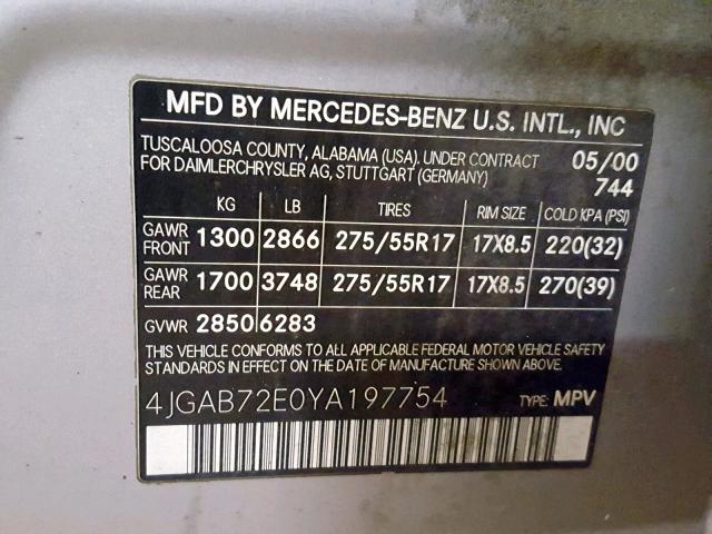 4JGAB72E0YA197754 - 2000 MERCEDES-BENZ ML 430 SILVER photo 10