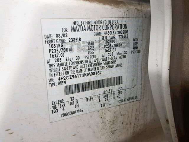 4F2CZ96174KM08187 - 2004 MAZDA TRIBUTE ES 白色 照片 10