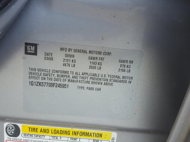 1G1ZK57708F245951 - 2008 CHEVROLET MALIBU LTZ 银色 照片 10