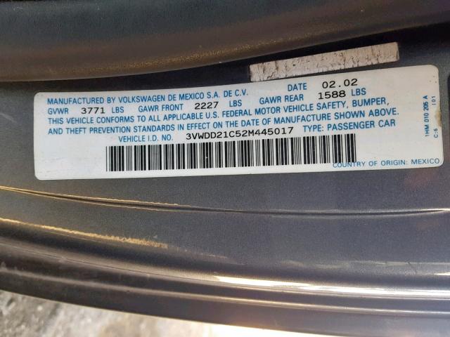 3VWDD21C52M445017 - 2002 VOLKSWAGEN NEW BEETLE ნაცრისფერი ფოტო 10