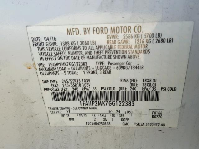 1FAHP2MK7GG122383 - 2016 FORD TAURUS POL WHITE photo 10