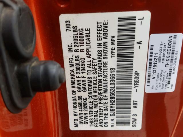 5J6YH28563L036618 - 2003 HONDA ELEMENT EX ORANGE photo 10