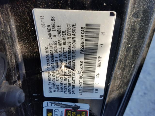 2HGFG3B07CH502851 - 2012 HONDA CIVIC EXL BLACK photo 10