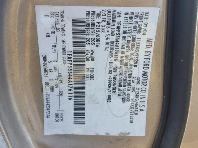 1FAFP55S44A176116 - 2004 FORD TAURUS SES SILVER photo 10