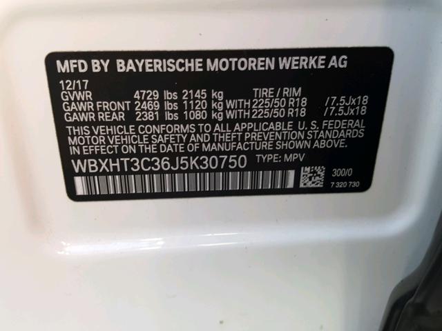 WBXHT3C36J5K30750 - 2018 BMW X1 XDRIVE2 WHITE photo 10