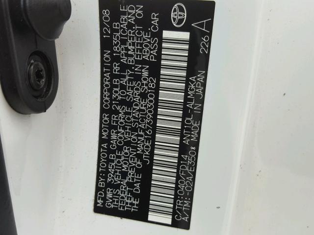 JTKDE167390300182 - 2009 TOYOTA SCION TC 白色 照片 10