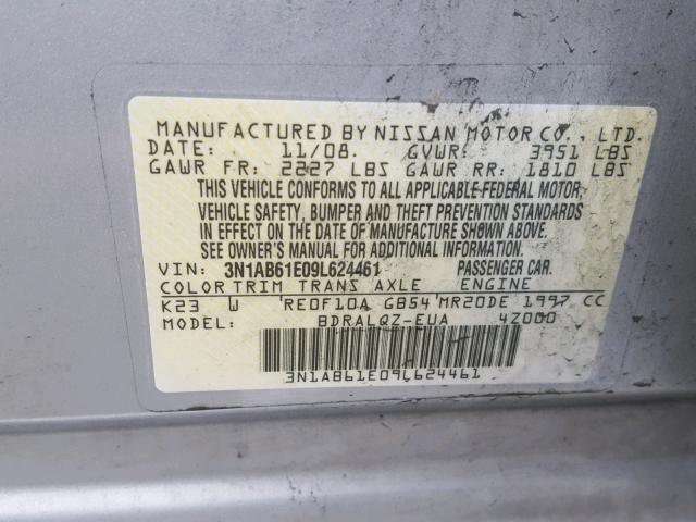 3N1AB61E09L624461 - 2009 NISSAN SENTRA 2.0 SILVER photo 10