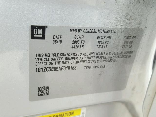 1G1ZC5E05AF319163 - 2010 CHEVROLET MALIBU 1LT SILVER photo 10