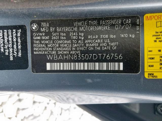 WBAHN83507DT76756 - 2007 BMW 750 BLUE photo 10