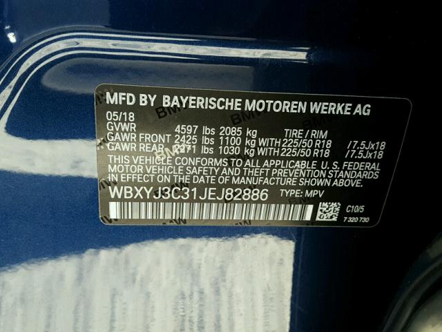 WBXYJ3C31JEJ82886 - 2018 BMW X2 SDRIVE2 BLUE photo 10