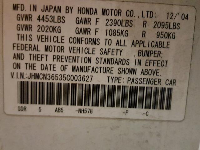 JHMCN36535C003627 - 2005 HONDA ACCORD HYB WHITE photo 10