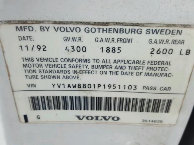 YV1AW8801P1951103 - 1993 VOLVO 240 WHITE photo 10