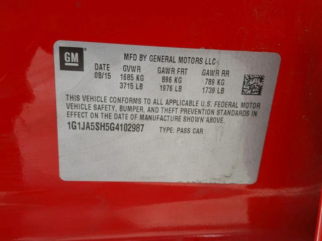 1G1JA5SH5G4102987 - 2016 CHEVROLET SONIC LS 红色 照片 10