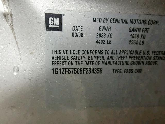 1G1ZF57588F234358 - 2008 CHEVROLET MALIBU HYB SILVER photo 10