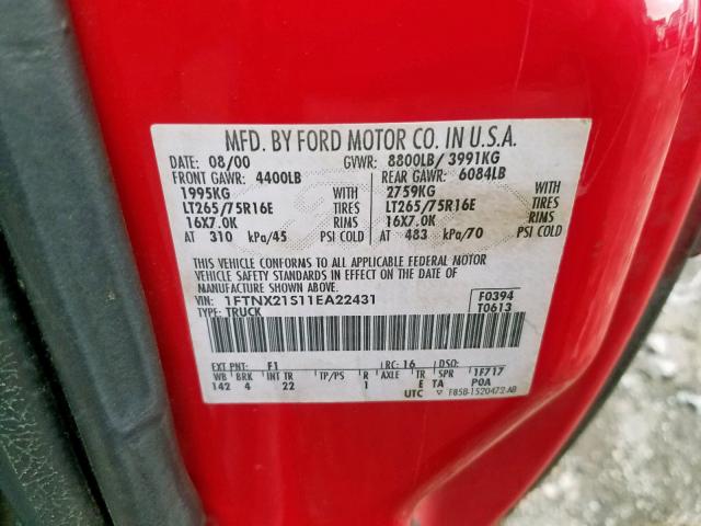 1FTNX21S11EA22431 - 2001 FORD F250 SUPER RED photo 10