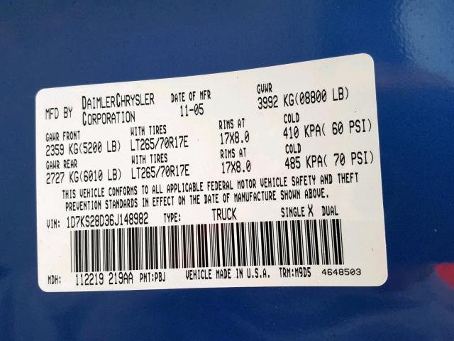 1D7KS28D36J148982 - 2006 DODGE RAM 2500 S Կապույտ լուսանկար 10