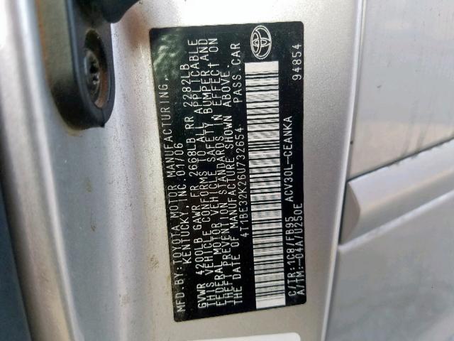 4T1BE32K26U732654 - 2006 TOYOTA CAMRY LE SILVER photo 10
