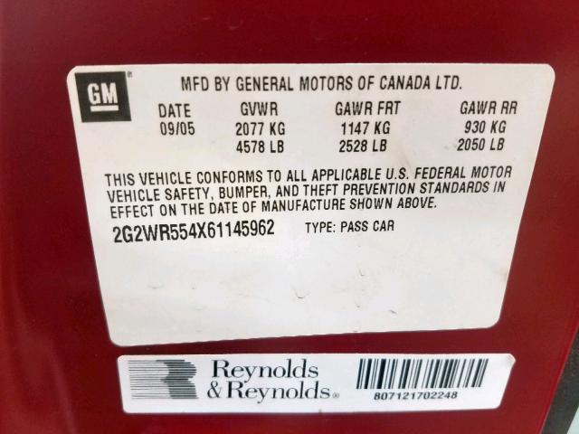 2G2WR554X61145962 - 2006 PONTIAC GRAND PRIX RED photo 10