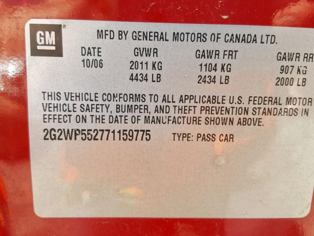 2G2WP552771159775 - 2007 PONTIAC GRAND PRIX RED photo 10