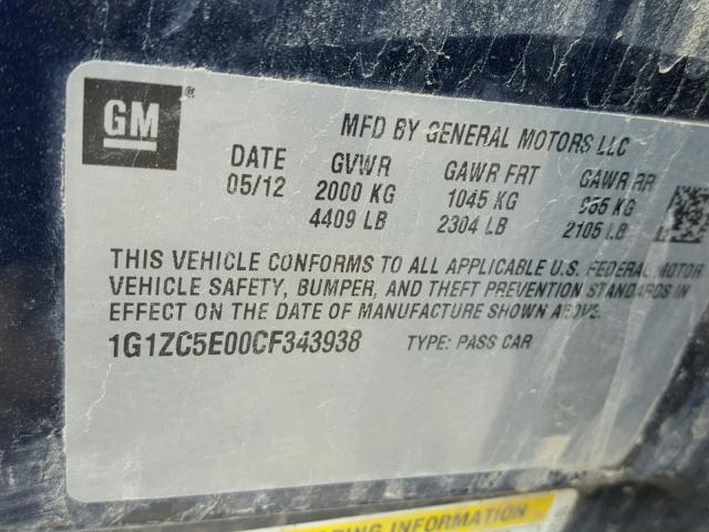 1G1ZC5E00CF343938 - 2012 CHEVROLET MALIBU 1LT BLUE photo 10