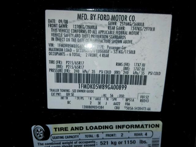 1FMDK05W89GA00899 - 2009 FORD TAURUS X S BLACK photo 10