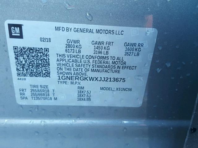 1GNERGKWXJJ213675 - 2018 CHEVROLET TRAVERSE L 灰色 照片 10