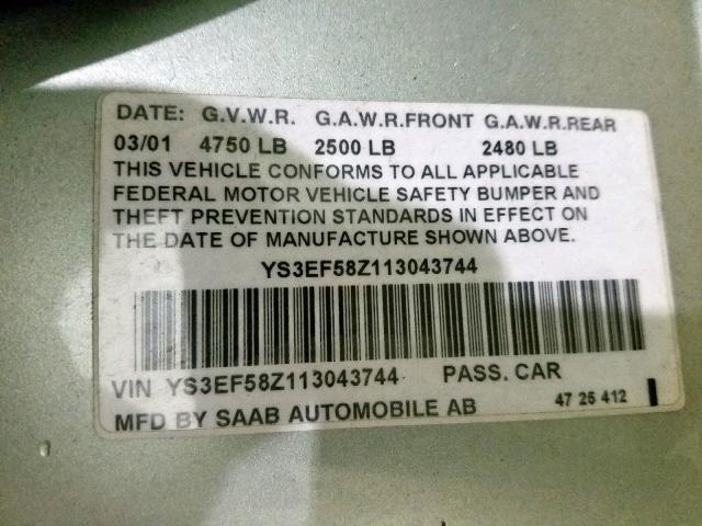 YS3EF58Z113043744 - 2001 SAAB 9-5 SE GREEN photo 10