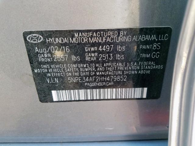 5NPE34AF2HH479852 - 2017 HYUNDAI SONATA SPO SILVER photo 10