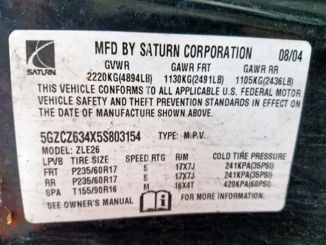 5GZCZ634X5S803154 - 2005 SATURN VUE BLACK photo 10