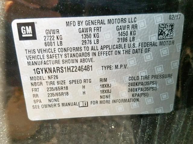 1GYKNARS1HZ246481 - 2017 CADILLAC XT5 BLACK photo 10