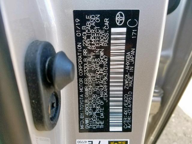 JTDKARFP3K3107947 - 2019 TOYOTA PRIUS PRIM 银色 照片 10
