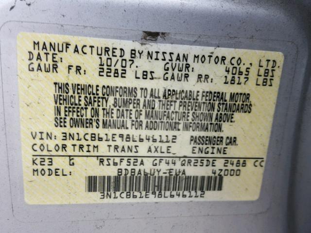 3N1CB61E98L646112 - 2008 NISSAN SENTRA SE- SILVER photo 10