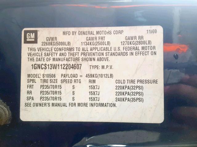 1GNCS13W112204607 - 2001 CHEVROLET BLAZER BLUE photo 10