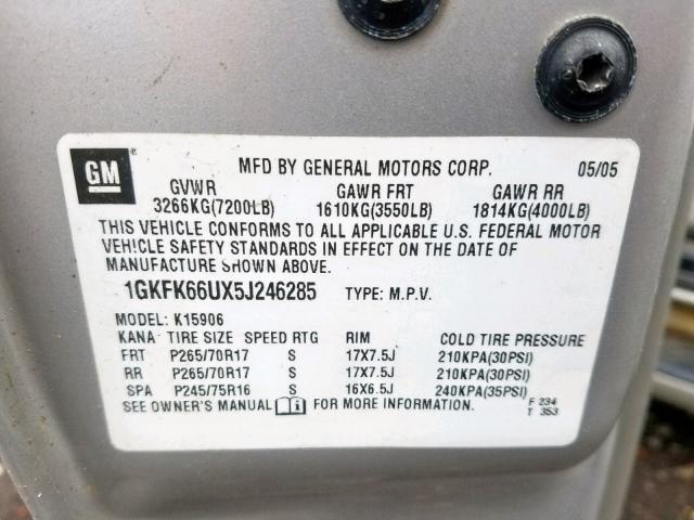 1GKFK66UX5J246285 - 2005 GMC YUKON XL D GRAY photo 10