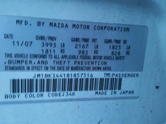 JM1BK344181857516 - 2008 MAZDA 3 HATCHBAC WHITE photo 10