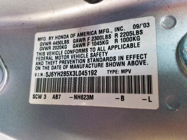 5J6YH285X3L045192 - 2003 HONDA ELEMENT EX SILVER photo 10