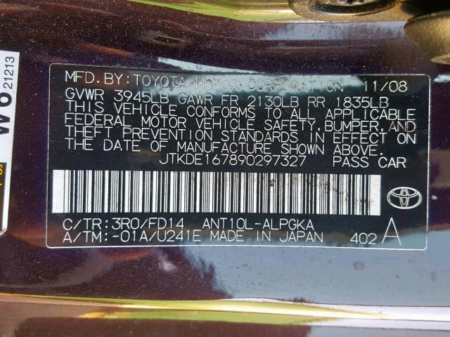 JTKDE167890297327 - 2009 TOYOTA SCION TC იასამნისფერი ფოტო 10