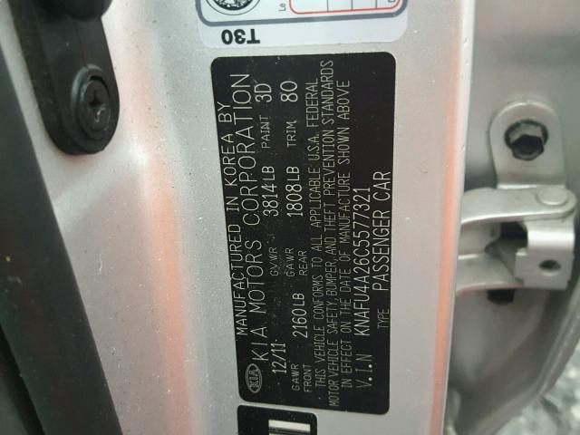 KNAFU4A26C5577321 - 2012 KIA FORTE EX SILVER photo 10