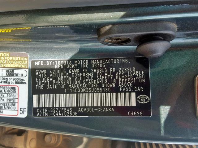 4T1BE30K35U055180 - 2005 TOYOTA CAMRY LE GREEN photo 10