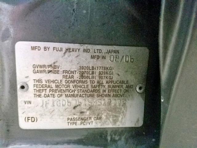 JF1GD67616H518795 - 2006 SUBARU IMPREZA 2. GRAY photo 10