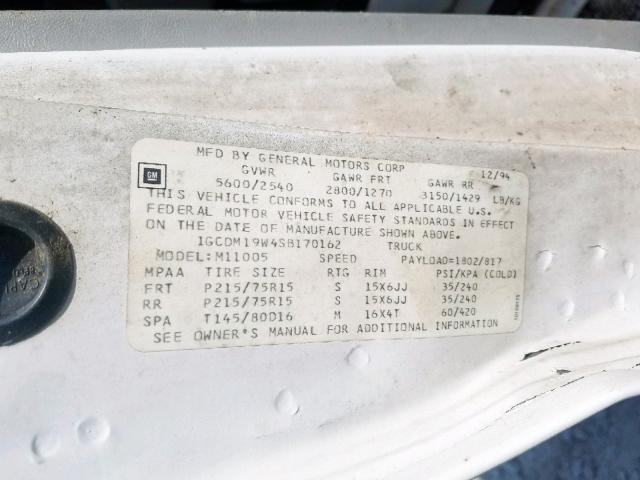 1GCDM19W4SB170162 - 1995 CHEVROLET ASTRO WHITE photo 10