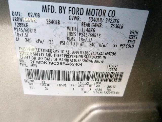 2FMDK39C28BA62404 - 2008 FORD EDGE LIMIT SILVER photo 10