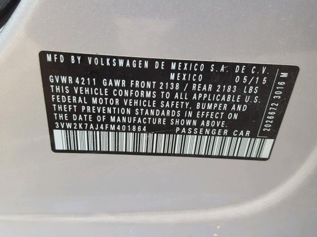 3VW2K7AJ4FM401864 - 2015 VOLKSWAGEN JETTA BASE 灰色 照片 10