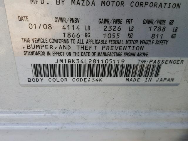 JM1BK34L281105119 - 2008 MAZDA SPEED 3 WHITE photo 10