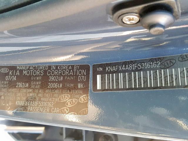 KNAFX4A81F5316162 - 2015 KIA FORTE EX GRAY photo 10